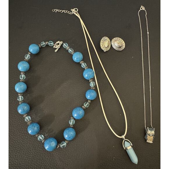 Jewelry - Blue/Silver Costume Jewelry Bundle, 4 Pieces, Necklaces, Clip-On Earrings, Owl